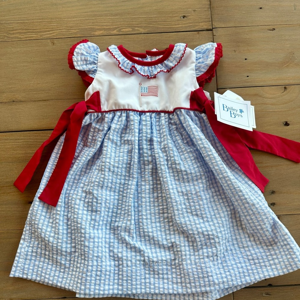 Red and Blue Gingham Baby Dress with Flag Embroidery